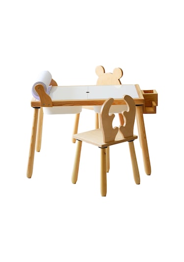 Woodnjoy Wood & Joy Ahşap Duyusal Çocuk Aktivite Masası 2 Sandalye Seti + Rulo Kağıt - Beyaz