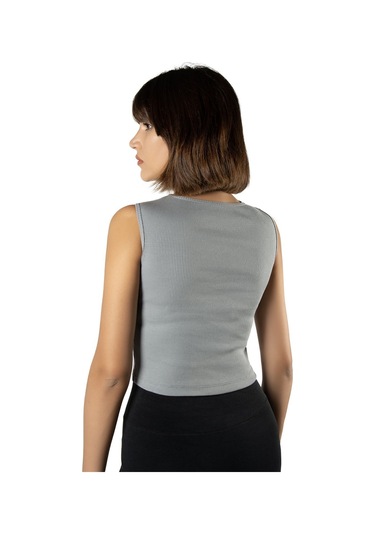 2'li Paket Kırmızı Gri Fitted/vücuda Oturan Crop Halter Yaka Fitilli Esnek Örme Bluz Atlet Kırmızı Gri