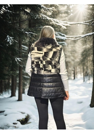 Kadın Kolsuz Hakiki Deri Kürk - Siyah Bordo