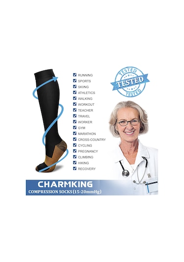 Teltree Kadın Erkek Spor Koşu 15-20 Mmhg Kompresyon Çorapları, Diz Uzunluklu, Siyah, 3'lü Paket, S/m 34-39 Numara Siyah