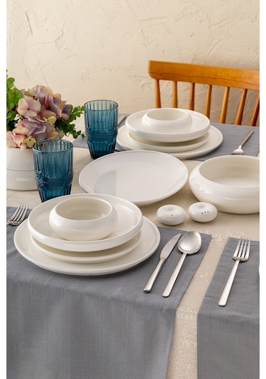 İstanbul Porselen Kınalıada 53 Parça 12 Kişilik Yuvarlak Yemek Takımı Beyaz