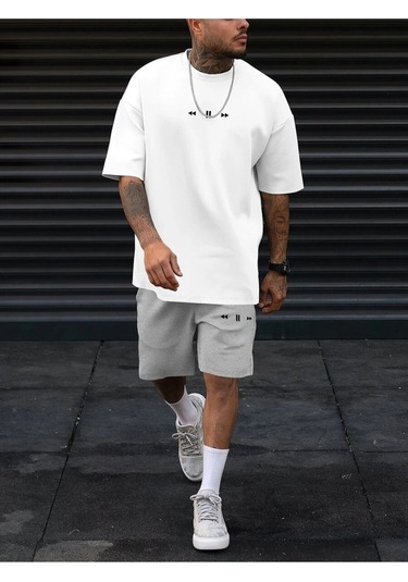 Gri Şort Beyaz Tişört Takım Play Baskılı Oversize Unisex Gri - Beyaz
