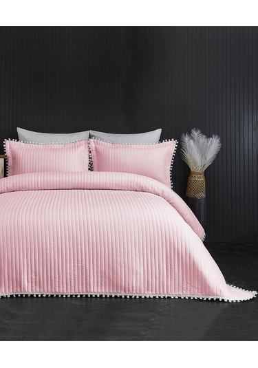 Evlen Home Collection Ponponlu Çift Kişilik %100 Pamuk Yatak Örtüsü Pike Takımı Pudra