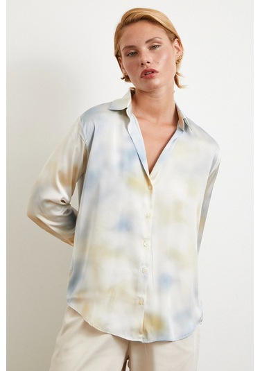 Ebruli Desen Saten Gömlek Buz Mavisi Buz Mavisi