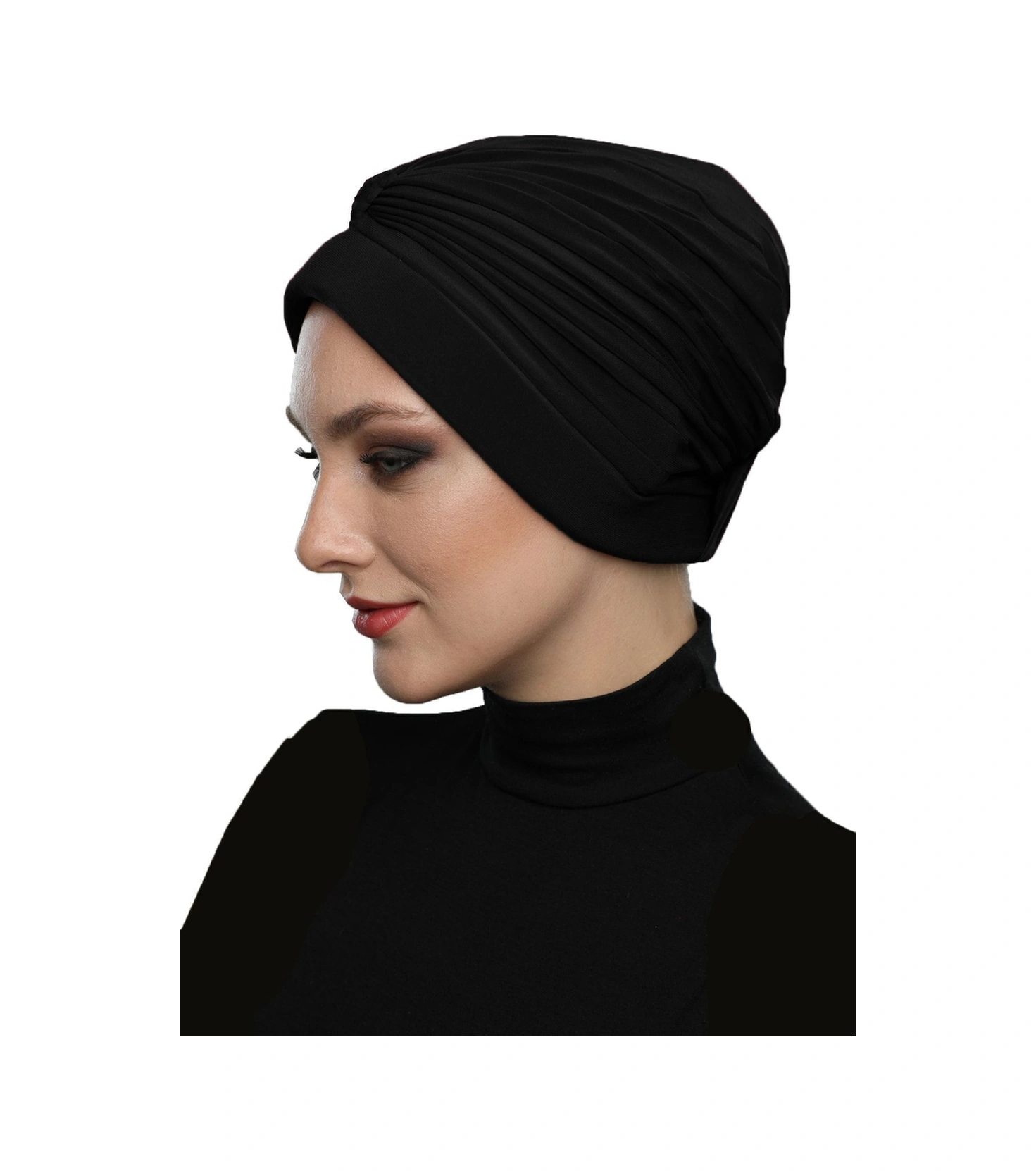 Bantlı Ön Ve Ensesi Bantlı Nervürlü Siyah Süngerli Hazır Türban Tesettür Bone Havuz Bonesi Siyah