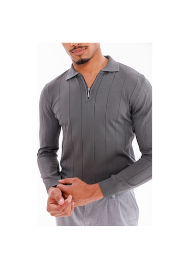 Monox Erkek Yarım Fermuarlı Polo Yaka Triko Kazak Füme