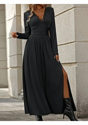 Kadın Uzun Kollu V Dantel Yakalı Yırtmaçlı Uzun Sandy Elbise Siyah