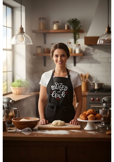 Siyah Baked Love Mutfak Önlüğü Renkli