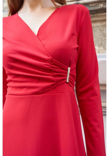 Kadın Likralı Krep Kumaş Kruvaze Anvelop Büzgülü Eteği Çan Uzun Kol Diz Boy Elbise-kırmızı Kırmızı