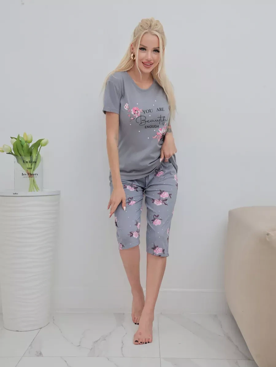 Saratex Büyük Beden Kapitone Şortlu Pamuklu Pijama Takımı 452956006 Gri