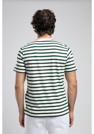 Lee Cooper Eddy Erkek %100 Pamuk O Yaka T-shirt Ekru-zümrüt Çizgili-21600 Ekru