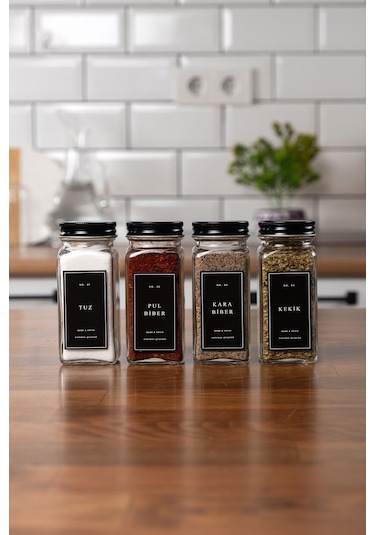 Mienda Home 4'lü Cam Baharatlık Seti Siyah Kapaklı Etiketli Baharatlık Takımı Mh00syh04 Siyah - Şeffaf