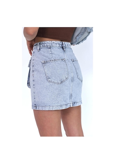 Zeo Basic Kargo Cepli Mini Skirt Mavi- Buz