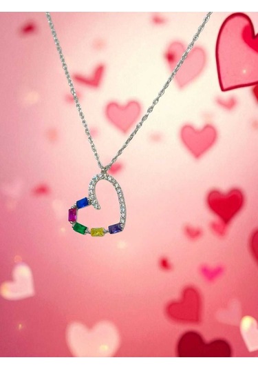 Renkli Baget Taşlı Kalp Figürlü 925 Ayar Gümüş Kolye Modern Tasarım Gümüş