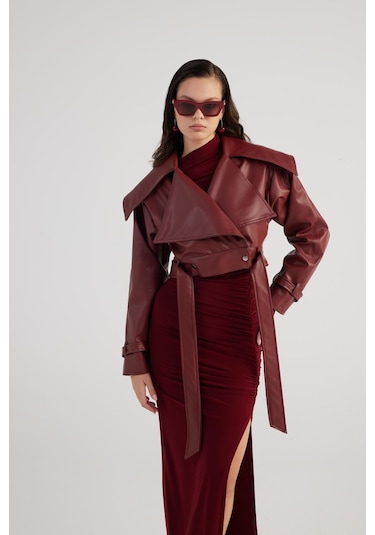 Holly Lolly Crop Model Astarlı Kemerli Neeko Deri Ceket Bordo