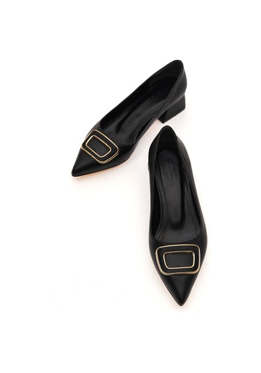 Scenic Siyah Tokalı 4cm Sivri Burun Topuklu Ayakkabı Siyah Cilt