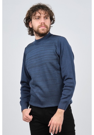 Çizgi Triko Erkek Yarım Balıkçı Yaka Desenli Kazak 42564225 Indig Indigo İndigo