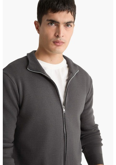 Defacto Standart Fit Dik Yaka Fermuarlı Triko Hırka C8158ax25augr308 Gri