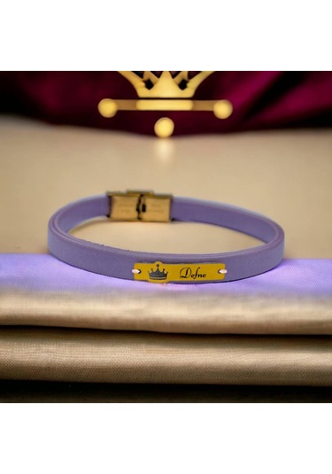 Archin Defne İsmine Özel Taç Motifli 14 Ayar Altın Plakalı Hakiki Mor Derili Hediye Bileklik-571isim Defne