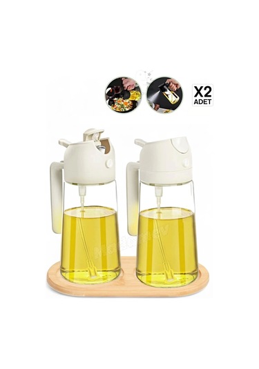 2'li Bambu Stantlı Çift Fonksiyonlu Sprey Dökme Cam Yağdanlık 450ml Yağlık Sıvıyağ Şişesi Airfryer Beyaz