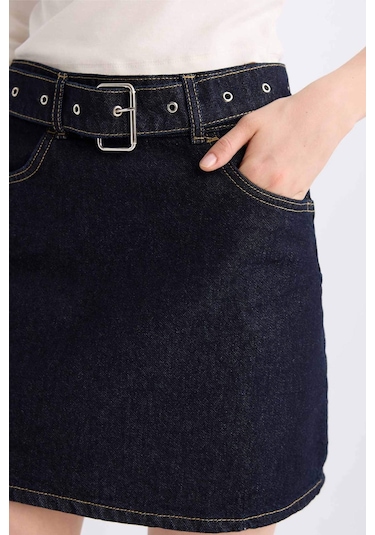 Defacto Fashion Fit Soluk Efektli Cepli Kemerli Jean Mini Etek D5831AX24WNNM34 Mavi