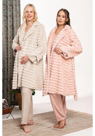Bone 6106 Peluş Sabahlıklı 3'lü Hamile Lohusa Pijama Takımı