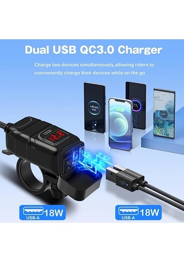 Boatshop1 Zh-854a1 Voltmetre Ve Aç Kap Anahtarı Çift Usb 6.8a Hızlı Şarj 3.0 Motosiklet Gidon Şarj Cihazı Telefon Tablet Gps İçin Sae Usb Adaptör