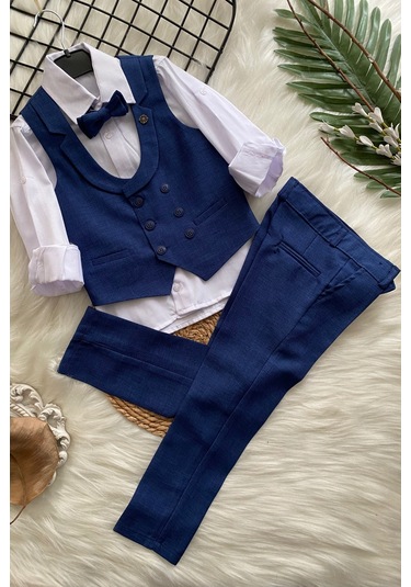 Katlama Detay Yelekli Rozetli Çocuk Takım Elbise Sax Saks Mavi