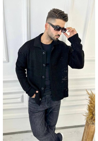 Elku Moda Hırka Oversize Özel Örgülü Triko Desenli Salaş Örgü Hırka Siyah