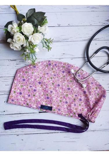 Tesettür Gülkurusu Çıtır Çiçek Desenli Cerrahi Bone Doktor Hemşire Sağlıkçı Bonesi Geniş Kesim