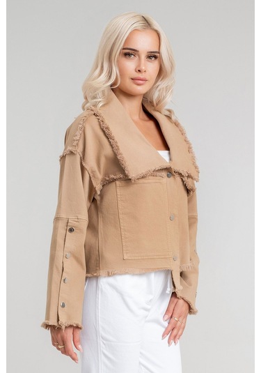 Kadın Power Likralı Pamuklu Kumaş Kol Ve Önü Çıt Çıtlı Pis Dikişli Mont CAMEL Camel