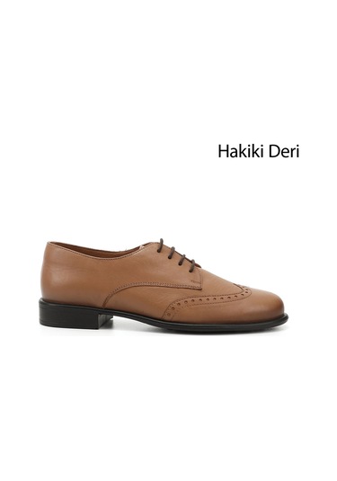 Gön Açık Taba Bağcıklı Zımbalı Hakiki Deri Oxford Ayakkabı Taba