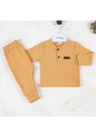 Candar 3-18 Ay Çizgili Kumaş 2'li Unisex Takımı Hardal Hardal