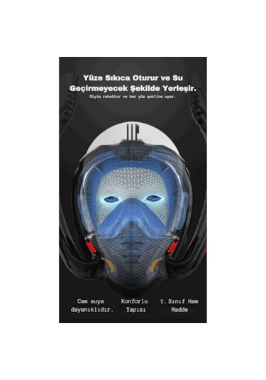 Techtic Çift Tüp Silikon Şnorkel Tam Yüz Dalış Maskesi Fullface Kırmızı - Siyah