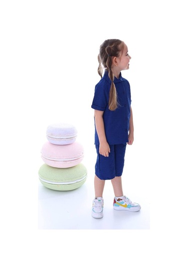 Kız Çocuk Desenli Gömlekli Takım-6370-Mavi