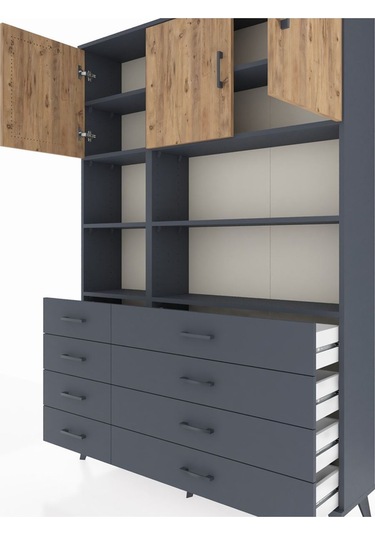 Arges Dolap 8 Raflı 8 Çekmeceli 3 Kapaklı 132x30x195 Antrasit-çam/antrasit Atlas Çam/antrasıt
