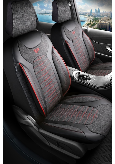 Füme - Kırmızı Panda Bakü Serısı Keten Kumaş Oto Koltuk Kılıfı - Tam Set