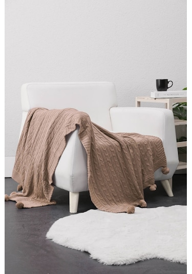 Biocotton Triko Ponponlu Örgü Tv Battaniyesi - Vizon