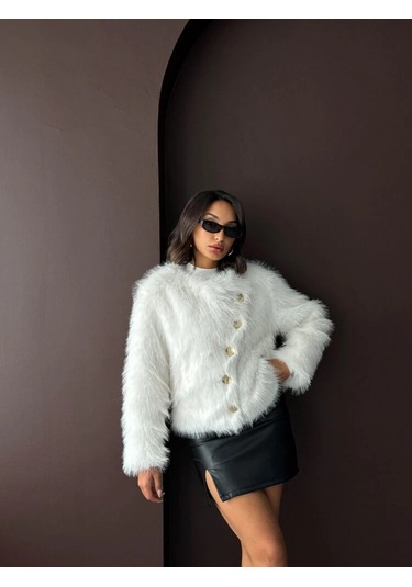 Kadın Vintage Peluş Tüylü Crop Ceket Altın Düğmeli Bisiklet Yaka Kışlık Şık Ceket Krem