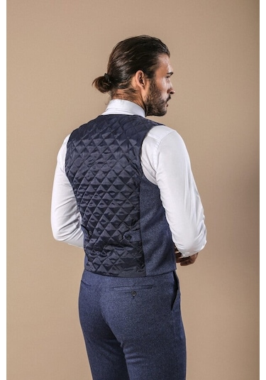 Desenli Kruvaze Mavi Erkek Yelek Pantolon Set - Wessi