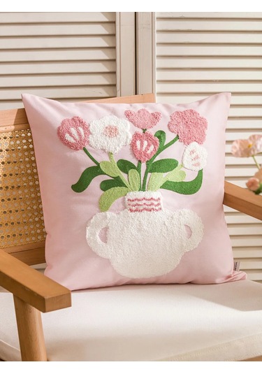 Pembe Çiçek Nakışlı Kırlent Kılıfı 45x45 Cm