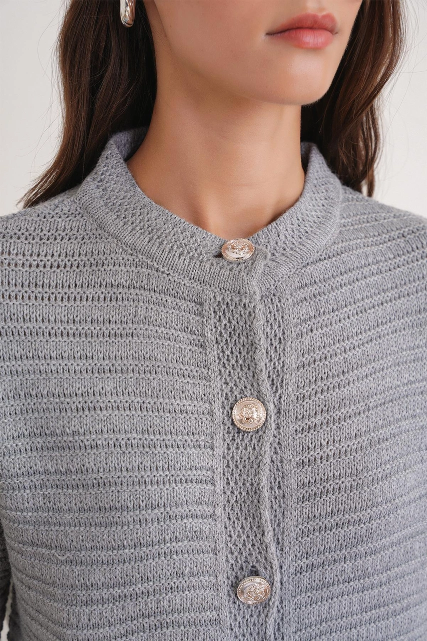 6778 Kadın Links Desenli Crop Triko Hırka Gri Gri