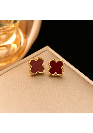 Kırmızı Dört Yapraklı Yonca Titanyum Çelik Küpe Yaz Niş Tasarım Yüksek Dereceli Küpe Duygusu Mizaç Bayanlar Küpe Kırmızı