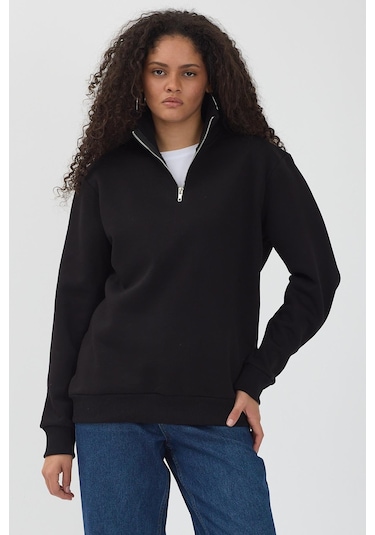 Unisex Regular Fit Rahat Kesim Pamuklu Içi Polarlı Yarım Fermuarlı Siyah Dik Yaka Sweatshirt Siyah