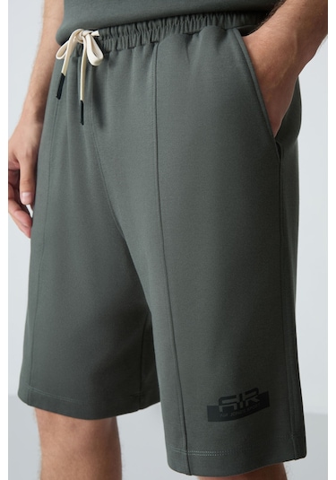 Haki Pamuklu Kalın Yumuşak Dokulu Oversize Fit Basic Erkek Şort Takım - 85259