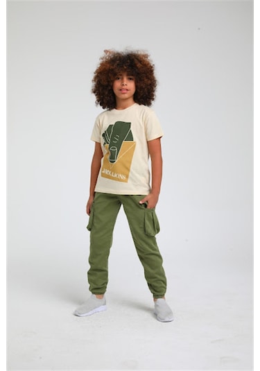 Escabel Erkek Çocuk Pamuklu Jack Lions Yazılı Tshirt-12835-krem Krem