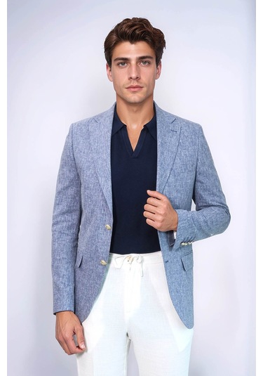 Koyu Mavi Keten Dokulu Gold Renk Metal Düğmeli Slim Fit Erkek Blazer Ceket - Wessi Navy Blue