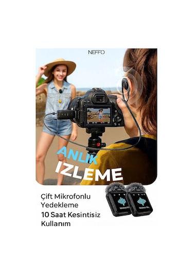 2 Mikrofonlu Kablosuz Yaka Mikrofonu Tüylü Rüzgar Önleyici 20 M Menzil İos Android Uyumlu