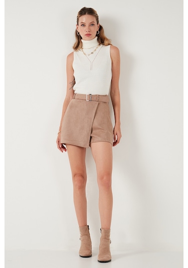 Lela Kışlık Regular Fit Asimetrik Kesim Fermuarlı Bayan Şort Etek 5865973 Vizon