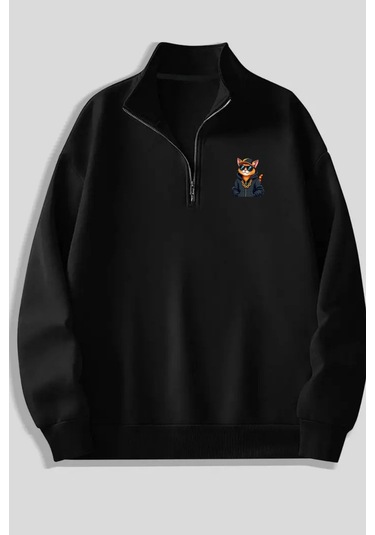 Siyah Fermuarlı Dikyaka Sweatshirt- Minik Kedi - Kışık Şardonlu Kumaş Siyah